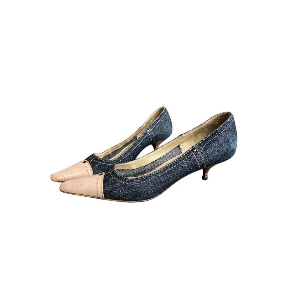Vintage Y2K MIU MIU Kitten Heel Denim Leather Shoes Size EU 38 - 7 US - Y2k Heel